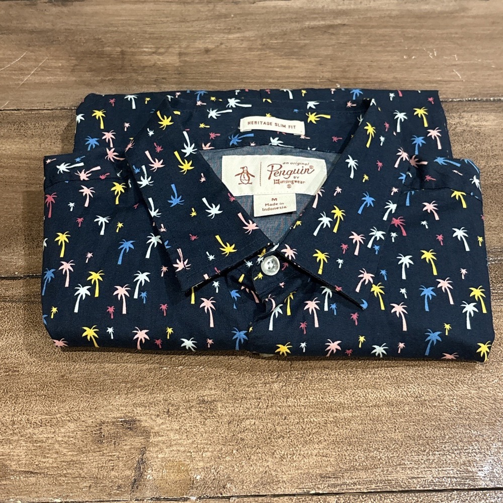 Penguin Button Up Shirt Palm Trees Heritage Slim Fit Short Sleeve Mens‎ Medium - Picture 10 of 10